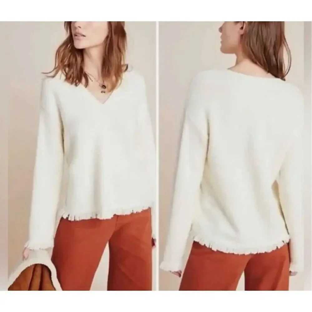 Anthropologie wool blend fringe vneck sweater xs